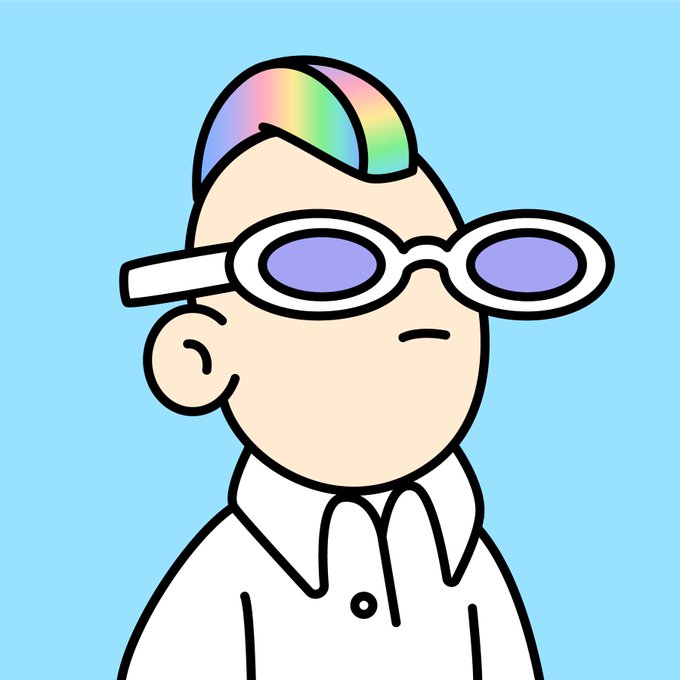 A cartoon illustration of a person with a colorful rainbow mohawk, wearing purple sunglasses and a white collared shirt against a light blue background.