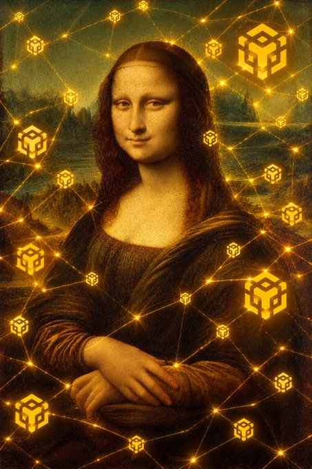 The Mona Lisa painting overlaid with a glowing yellow network pattern featuring geometric cube symbols.