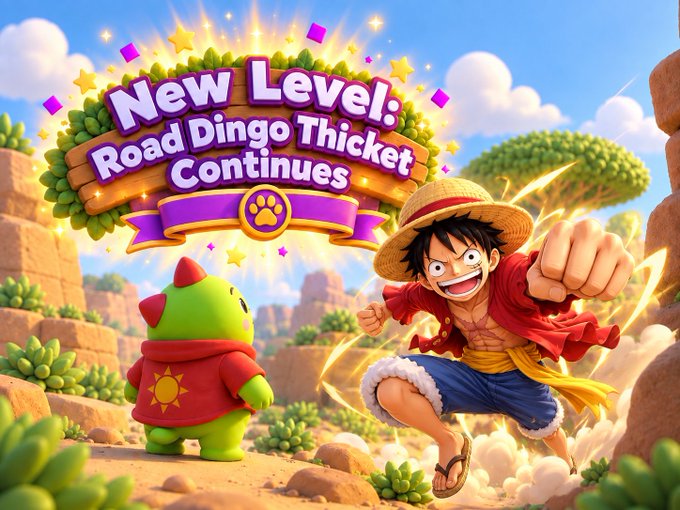 An anime-style illustration features a character in a straw hat and red vest with a glowing fist, standing next to a small green creature in a red hoodie. A wooden sign above reads 'New Level: Road Dingo Thicket Continues.'