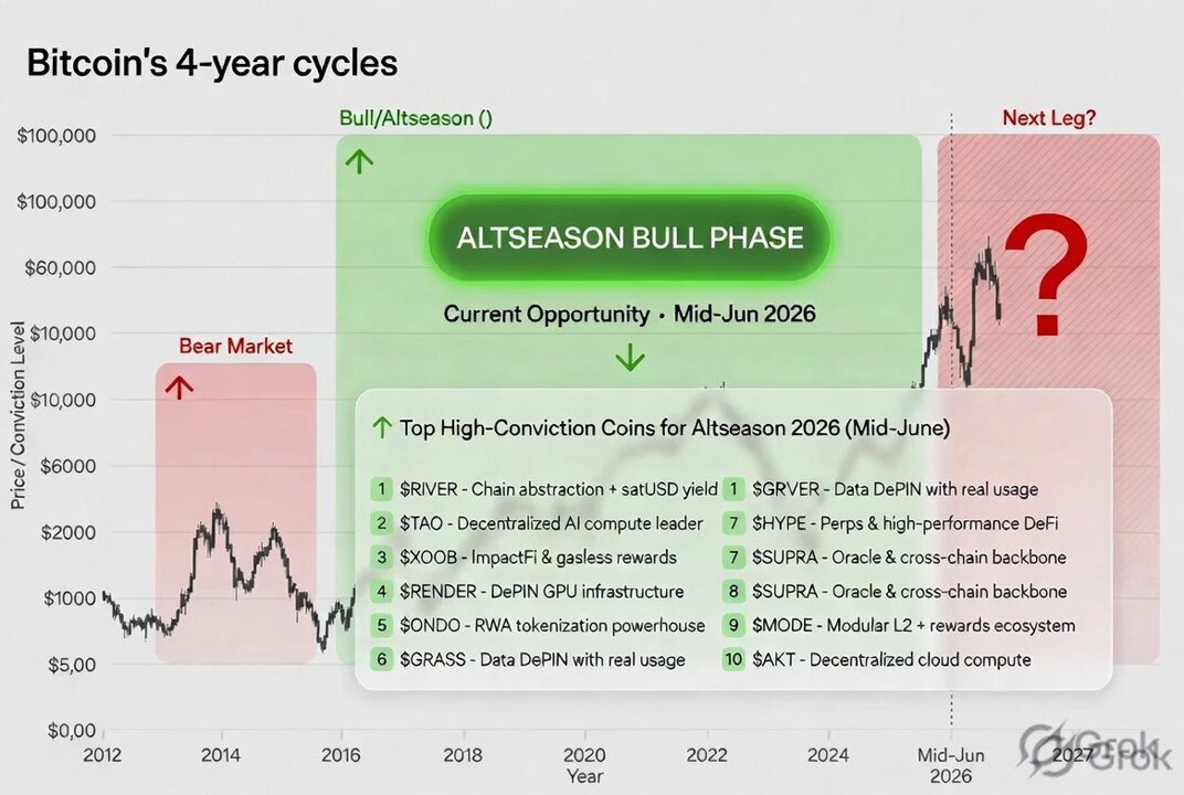 The focus of this image is a comparison between the four-year cycles of Bitcoin trading, as shown on a line graph, with top high-conversion coins at the peak of each cycle. The chart includes labels for Altseason Bull Phase, and other coin names such as Ripple, Decentralized AI, Chain abstraction king, Toono, RWA tokenization, and more. Some of these coins are shown in greater detail than others on the graph, showing their historical performance or market values across four years.