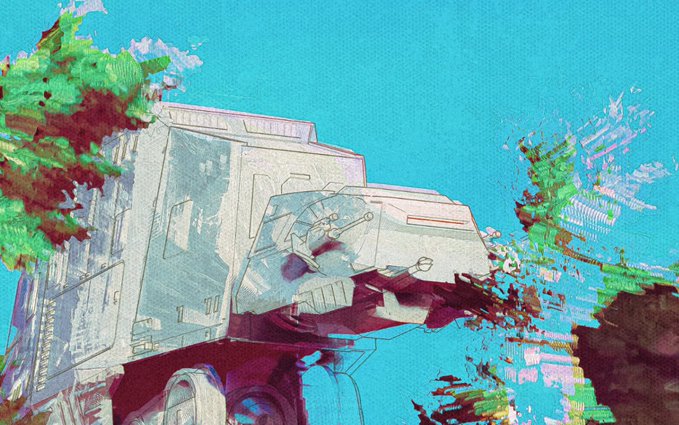 An illustration of an AT-AT walker from Star Wars painted in pastel colors against a bright blue sky, surrounded by stylized trees.