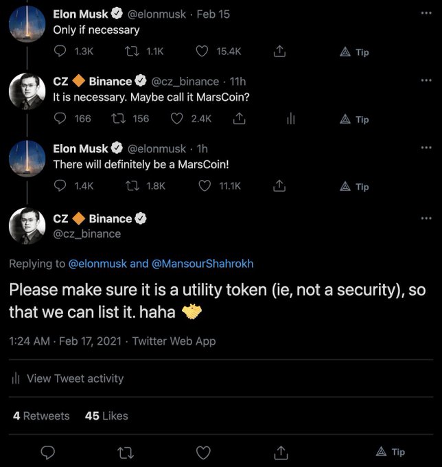 A screenshot of a Twitter exchange between Elon Musk (@elonmusk) and CZ of Binance (@cz_binance) discussing a potential "MarsCoin," with CZ requesting it be a utility token rather than a security so Binance can list it. The post references this five-year-old conversation between the two, noting that the MarsCoin token contract (0x1706f1e06c69f3a8cf33cce179d5d78a5c6f4444) may finally fulfill the agreement made in their 2021 exchange.