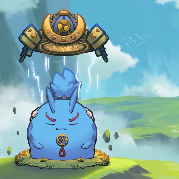 A blue Axie creature stands on a grassy nest below an ornate floating Ronin helmet, with lightning striking between them. The image visualizes "antifragility," suggesting the Axie grows stronger and more resilient by absorbing the powerful energy cascading down from the Ronin above.