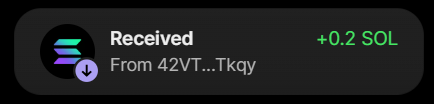 A notification displays a successful transaction receipt of "+0.2 SOL" received from "42VT...Tkqy," confirming the 0.2 SOL payment used to purchase 6 million $BULLPURR tokens as mentioned in the post.