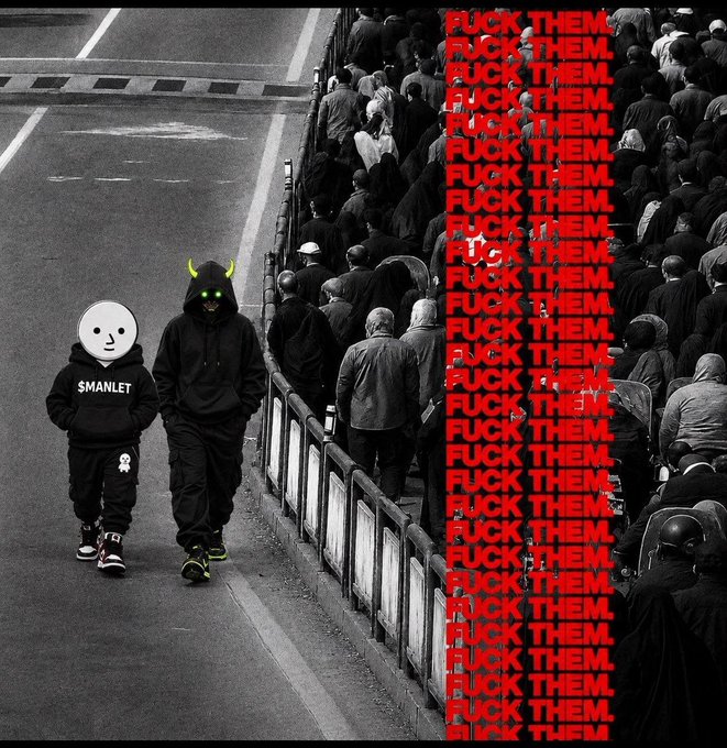 A black-and-white photo of a crowd on a street, with two figures in hoodies (one with a panda head, one with horned mask) walking apart from them, overlaid with repeating red text reading "FUCK THEM."