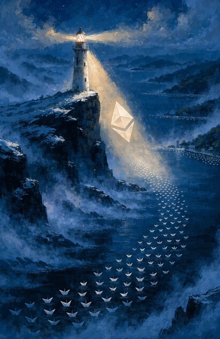 A dark, moody digital illustration of a lighthouse on a rocky cliff emitting a beam of light that reveals a floating Ethereum logo, with white bird silhouettes forming a pattern over the dark water below.