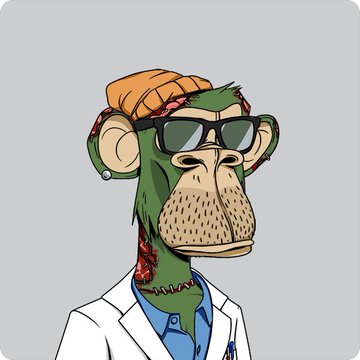 The image features a cartoon monkey wearing glasses, a hat, and a lab coat. The monkey appears to be dressed for work or school, with a tie around its neck. The background of the image is gray, which contrasts with the vibrant colors of the monkey's outfit. There are no texts present in the image.
