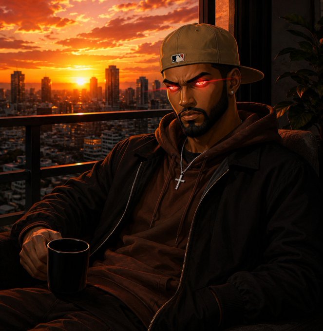 A digital illustration of a man wearing a backwards cap and hoodie, sitting on a balcony at sunset with a city skyline behind him, featuring glowing red eyes and a cross necklace.
