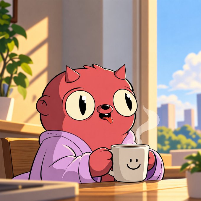 A cartoon illustration of a cute red demon-like character with horns and big eyes, wearing a lavender bathrobe, holding a smiling white coffee mug with steam rising, sitting at a table in a sunlit room with a city view.