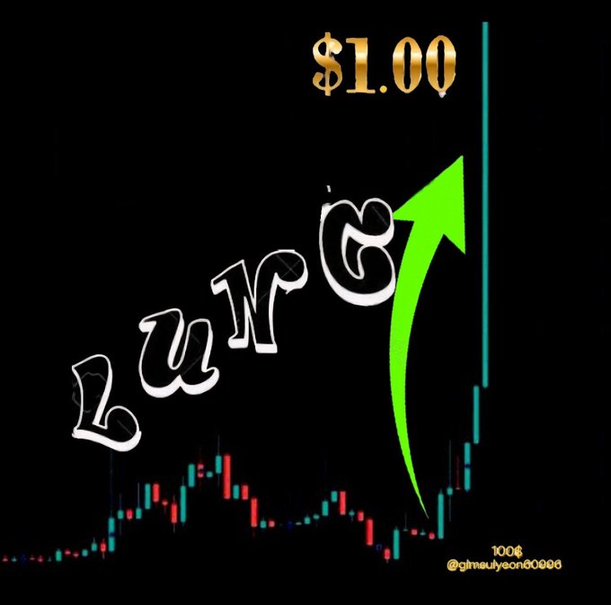 A digital graphic features the word 'LUNC' in gothic-style text with a green upward-pointing arrow and a candlestick chart, suggesting a price target of $1.00 from 100¢.
