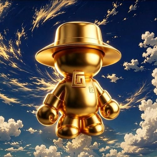 A glossy gold figurine wearing a wide-brimmed hat floats against a dramatic sky filled with swirling clouds, featuring geometric "G" emblems on its chest and side. The image ties to the post by @TheGodPull, showcasing a literal golden "god" character as a stylized reveal or mascot.