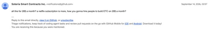 An email notification from Soteria Smart Contracts Inc. dated September 14, 2026, asking how they'll hire people to build ETC on 28$ a month if Netflix subscription costs more.