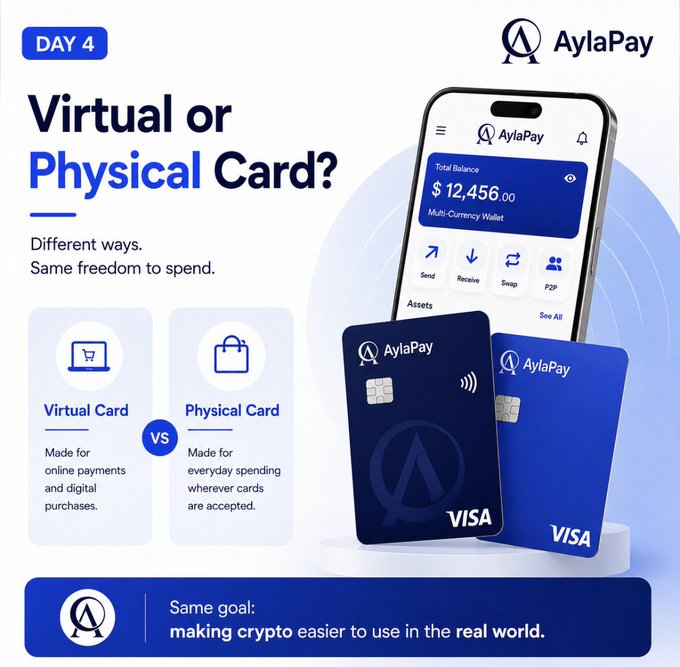 A promotional image for AylaPay, 'Day 4,' comparing a 'Virtual Card' (for online payments) versus a 'Physical Card,' showing a phone app interface with a $12,456.00 balance and two Visa cards.