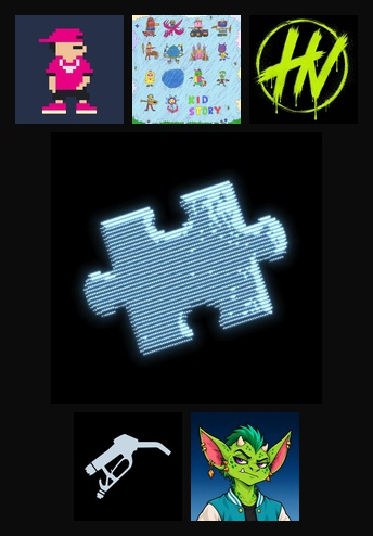 A collage of pixel art and digital images including a pink character, a "KID STORY" pixel art collection, a yellow scribbled logo, a glowing blue puzzle piece, an airbrush tool, and a green goblin-like character.