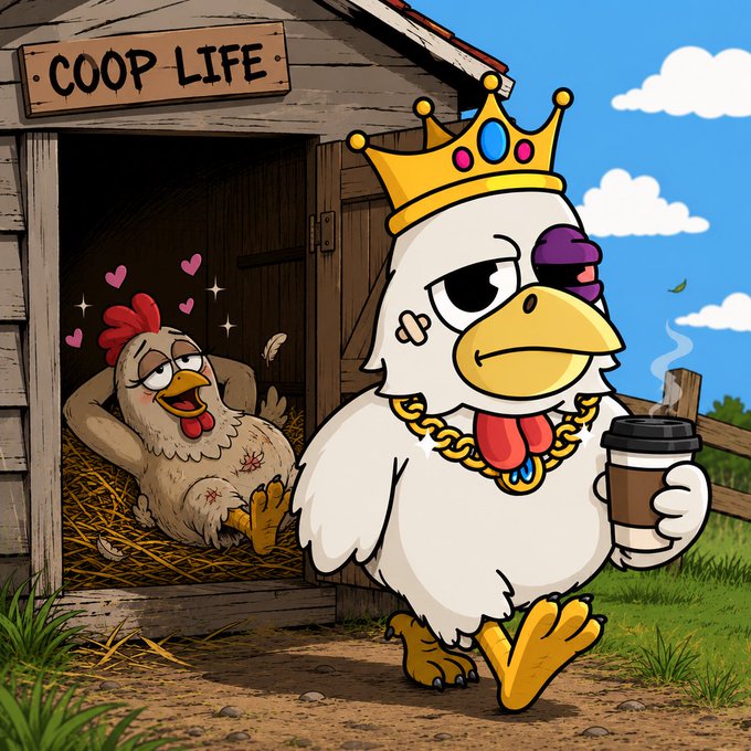 A cartoon illustration titled 'COOP LIFE' showing a chicken lovestruck in a coop while a 'king' chicken with a crown, gold chain, and coffee walks past unbothered.