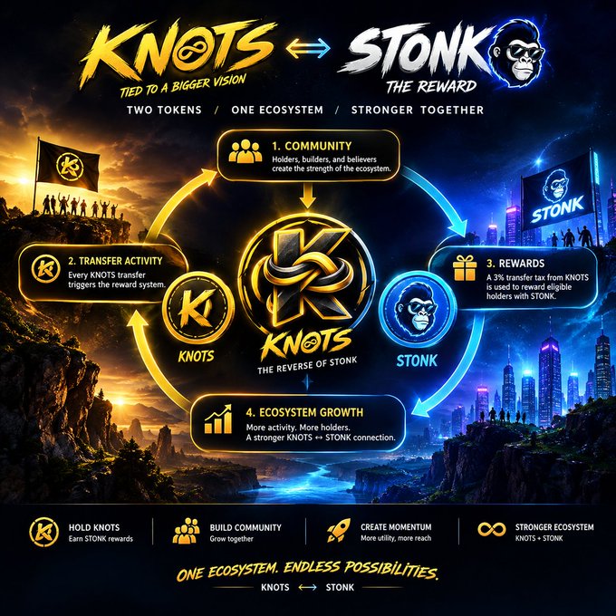 A promotional graphic for 'KNOTS ⇄ STONK' tokens, describing a 'TWO TOKENS / ONE ECOSYSTEM / STRONGER TOGETHER' model with sections labeled Community, Transfer Activity, Rewards, and Ecosystem Growth.