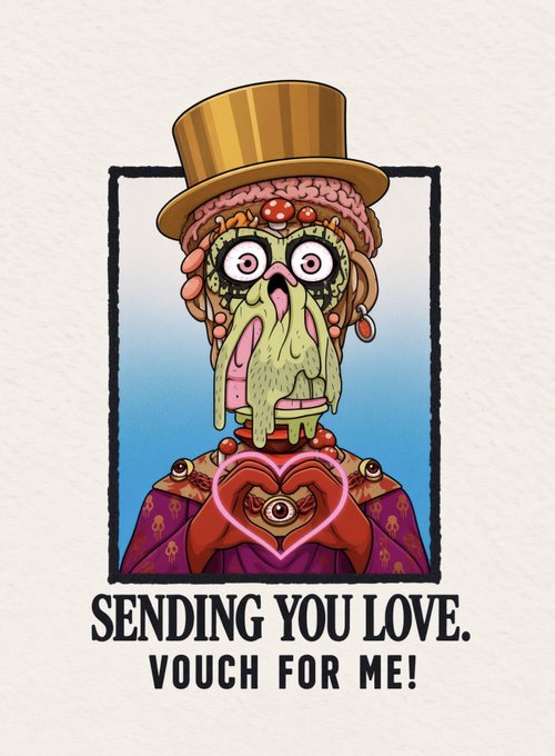 A grotesque illustration of a top-hatted, wide-eyed figure with green slimy features making a heart with its hands, accompanied by the text "SENDING YOU LOVE. VOUCH FOR ME!" — a quirky, attention-grabbing image that pairs with the user's request for vouches by visually emphasizing a heartfelt plea for support.