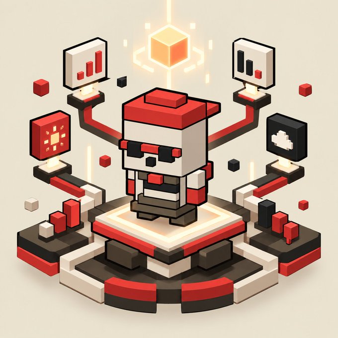 A pixel-art illustration of a blocky red and white character surrounded by floating data charts and cubes on a hexagonal platform.