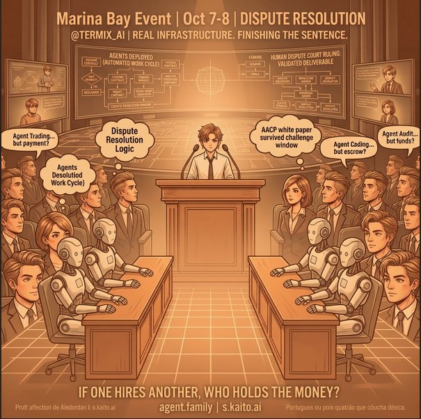 An illustrated promotional graphic for "Marina Bay Event | Oct 7-8 | DISPUTE RESOLUTION" depicting a courtroom scene with robots and humans debating logic, payment, and escrow.