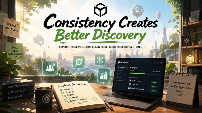 A promotional graphic titled 'Consistency Creates Better Discovery' featuring a workspace with a notebook labeled 'Nucleus Season 2' (with checkboxes: Explore, Engage, Learn, Connect, Grow Together), a laptop displaying a 'Nucleus' interface, and sticky notes reading 'DISCOVER NEW PROJECTS' and 'BUILD REAL CONNECTIONS'.