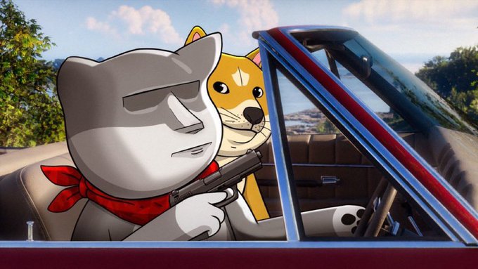 An animated illustration depicts two anthropomorphic dog characters in a red convertible car; the gray dog in the foreground wears a red bandana and points a black handgun, while the tan dog sits in the passenger seat.