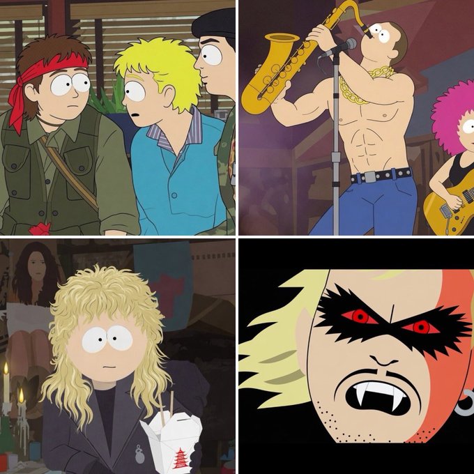 A four-panel collage of South Park characters styled as the band KISS, showing characters in military and rockstar attire.