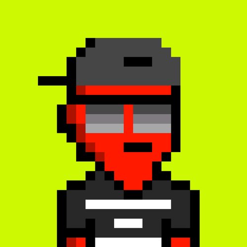A pixel art character wearing a gray cap and red mask/helmet against a bright lime green background.