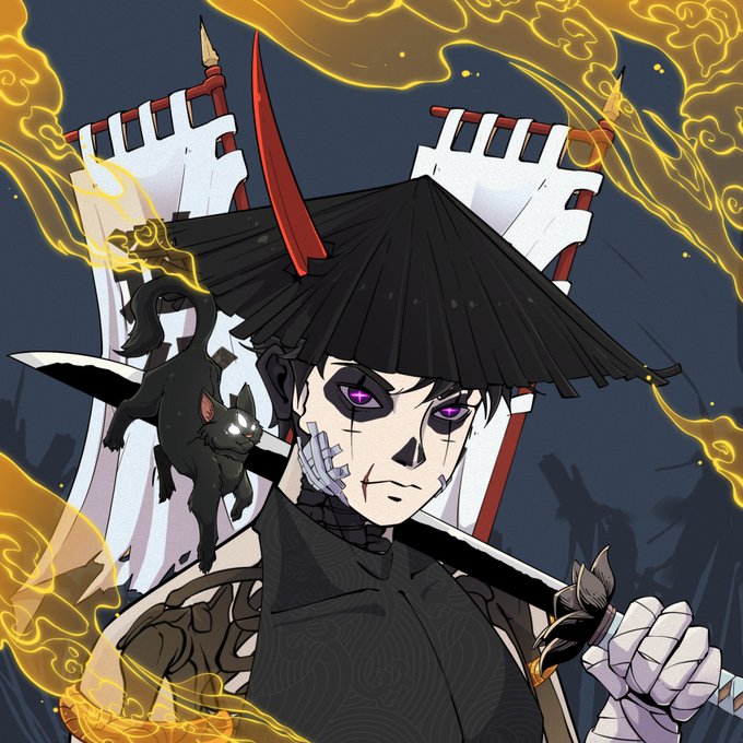 An anime-style character with a black conical hat, purple eyes, and facial markings wields a sword, accompanied by a black cat with glowing eyes, set against a dark background with yellow energy and banners.