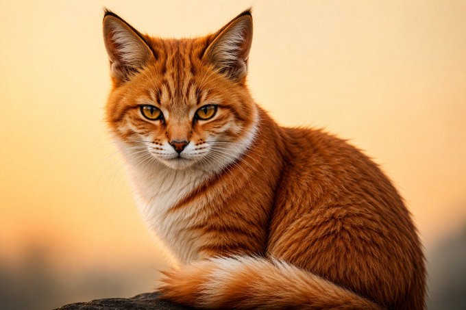A majestic orange tabby fox-like cat sits on a rock against a soft golden sunset backdrop, while the post promotes the $FOXCAT token on Solana with a bullish call to "eat the dip."