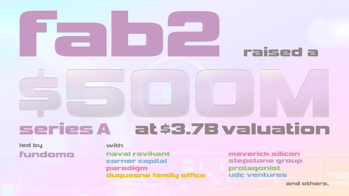 An announcement graphic stating 'Fab2 raised a $500M series A at $3.7B valuation', led by fundomo with various investors listed including naval ravikant, corner capital, paradigm, and others.