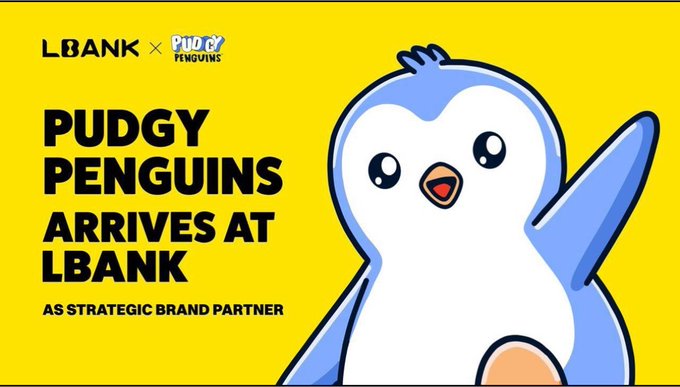 A promotional banner on a yellow background featuring a cartoon penguin character, with text reading 'LBANK X PUDGY PENGUINS', 'PUDGY PENGUINS ARRIVES AT LBANK', and 'AS STRATEGIC BRAND PARTNER'.