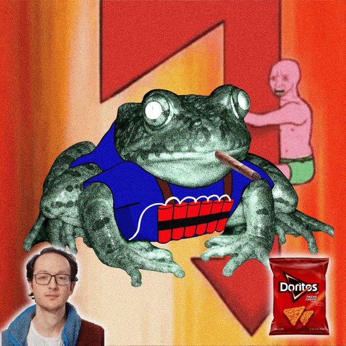 A surreal, meme-style collage features a large frog wearing a blue vest with dynamite strapped to its chest, smoking a cigar, with a man wearing glasses in the bottom left and a bag of Doritos Nacho Cheese chips in the bottom right.
