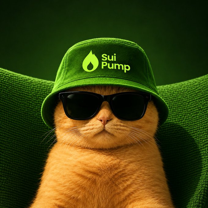 An orange cat wears black sunglasses and a green bucket hat branded with 'Sui Pump' and a water drop logo, set against a green background.