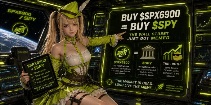 A meme-style financial promotion featuring an anime-style character in a green outfit holding signs that read 'BUY $SPX6900 = BUY $SPY,' claiming the SPX6900 token is backed by culture/memes and is the 'People's Index' opposed to the 'System's Index' (SPY), with the tagline 'THE MARKET IS DEAD. LONG LIVE THE MEME.'