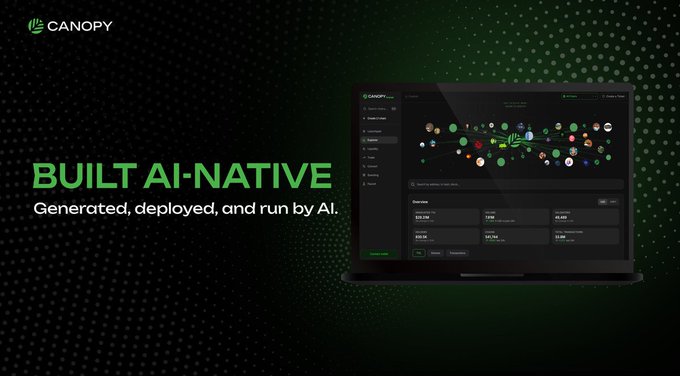 A Canopy advertisement with green text reading 'BUILT AI-NATIVE — Generated, deployed, and run by AI' next to a laptop displaying a dashboard interface.