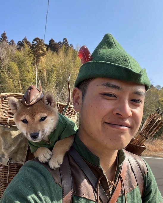 A selfie of a smiling man wearing a green Robin Hood-style hat with a red feather, carrying a small Shiba Inu puppy in a basket on his back with a forest in the background.