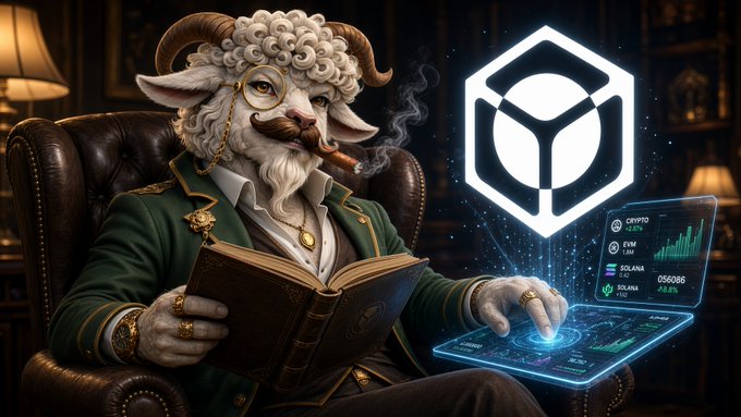 An AI-generated illustration depicts an anthropomorphic ram dressed in a vintage green suit and smoking a cigar, reading a book while interacting with a holographic display showing crypto tickers (CRYPTO, EVM, SOLANA, SOLANA) next to a large cube logo.