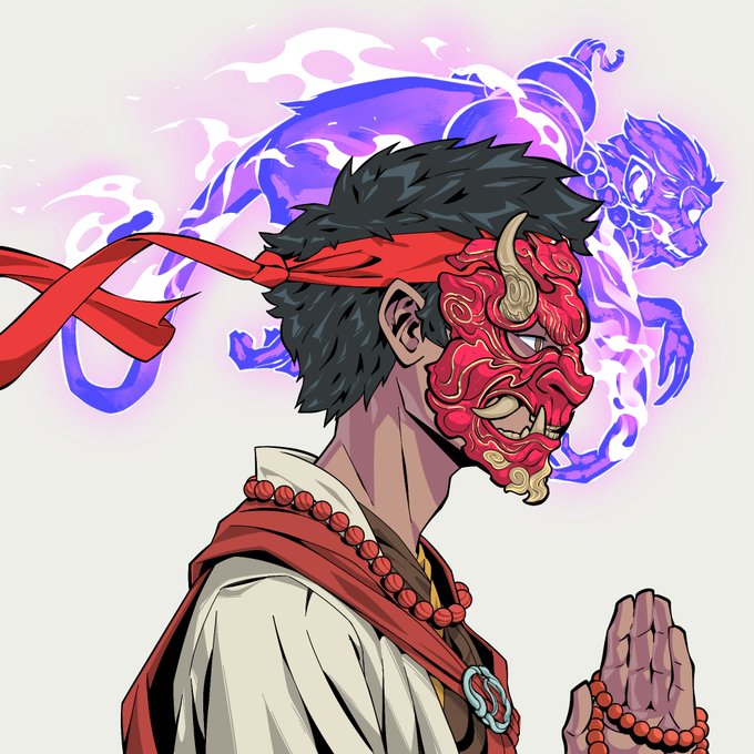 An illustration of a character with a red demon mask and red headband, wearing prayer beads, with a purple spirit creature behind them.