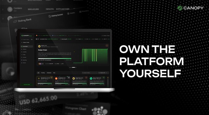 An advertisement for Canopy displays a laptop screen showing a crypto trading dashboard alongside bold text reading 'OWN THE PLATFORM YOURSELF' over a dark dotted background.