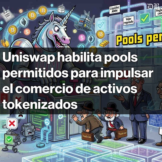 Article thumbnail with Spanish headline 'Uniswap habilita pools permitidos para impulsar el comercio de activos tokenizados' over a colorful illustration featuring a unicorn, cryptocurrencies, and cartoon characters representing traditional finance meeting blockchain technology.