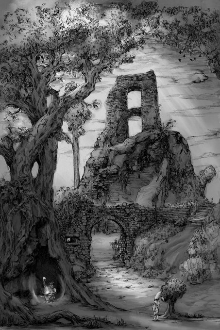 A monochromatic illustration depicts a mystical scene with two small figures exploring ancient stone ruins, including an arched gateway and a tall tower, nestled among gnarled, oversized trees. The "Available on OBJKT" caption suggests this artwork is listed for sale on the OBJKT NFT marketplace.