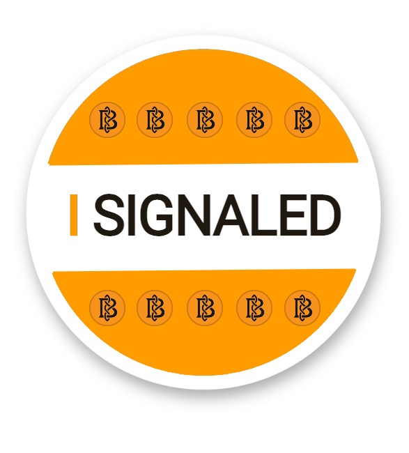 An orange and white circular Bitcoin logo with the word 'SIGNALED' in the center, surrounded by Bitcoin symbols.