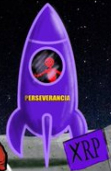 A purple rocket labeled "PERSEVERANCIA" carries an alien passenger and launches past a flag marked "XRP." The Spanish word for "perseverance" humorously nods to the crypto community's tenacity in holding onto XRP despite prolonged setbacks.