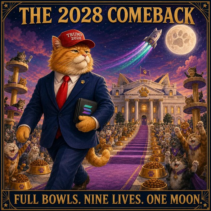 A whimsical political-style poster titled 'THE 2028 COMEBACK' features an anthropomorphic orange cat in a suit and red 'TRUMP 2028' hat holding a book, with a paw-printed moon, a rocket, and crowds of cats gathered before a mansion, captioned 'FULL BOWLS. NINE LIVES. ONE MOON.'