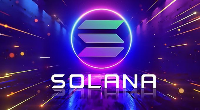 The image features a logo for Solana, which is a cryptocurrency wallet designed by Solana Foundation. The logo consists of a green circle with a purple triangle inside, surrounded by neon lights that create an otherworldly atmosphere. The text "SOLANA" is written in white letters below the logo. The background of the image is dark blue and filled with orange sparks, which adds to the futuristic vibe of the scene. The post includes a link to Solana's website, encouraging users to drop their wallet address for one winner in 24 hours.