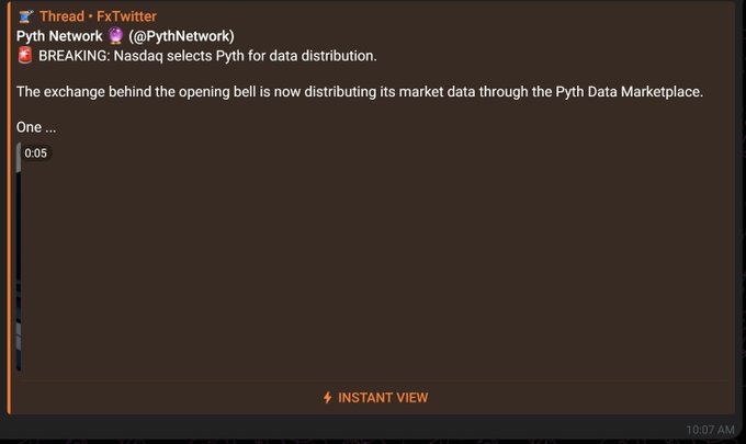 A screen capture shows a deleted Twitter/X thread from Pyth Network (@PythNetwork) with a timestamp of 0:05/10:07 AM, announcing "BREAKING: Nasdaq selects Pyth for data distribution," referencing the Nasdaq opening bell distributing market data through the Pyth Data Marketplace—with only the partial "One …" remaining visible before truncation, aligning with the post's claim that the "partnership with Nasdaq" announcement was quietly removed.