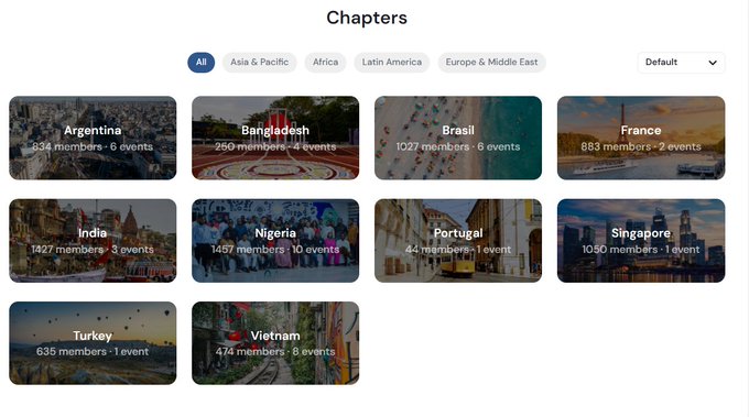 A 'Chapters' directory page listing global community chapters including Argentina, Bangladesh, Brasil, France, India, Nigeria, Portugal, Singapore, Turkey, and Vietnam, with member counts and event numbers for each region.