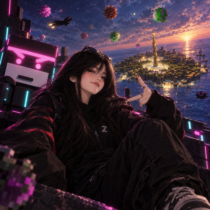 A young woman with long dark hair poses in dark clothing in front of a vibrant, cyberpunk-style background featuring a floating city, a sunset, and virus-like spheres.