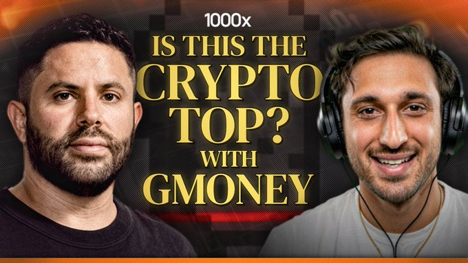 YouTube thumbnail titled 'IS THIS THE CRYPTO TOP? WITH GMONEY' featuring headshots of two men, one wearing headphones, against a dark background.