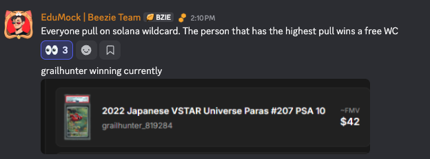 A Discord message from EduMock announcing a Solana wildcard pull contest, with grailhunter currently winning with a 2022 Japanese VSTAR Universe Paras #207 PSA 10 valued at $42.